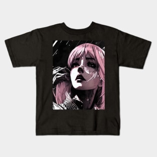 Intriguing Intensity: Immersive Black and White Anime Girl Artwork Goth Gothic Fashion Dark Pink Hair Kids T-Shirt